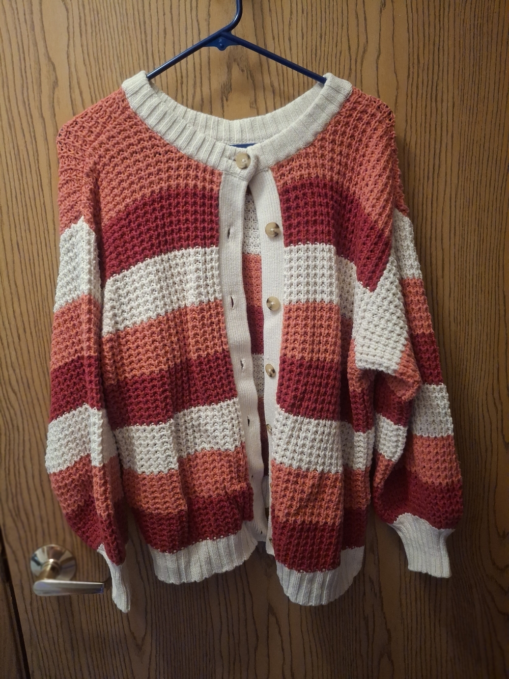 POPSUGAR Striped Knit Cardigan in Cream, Rust, and Deep Red